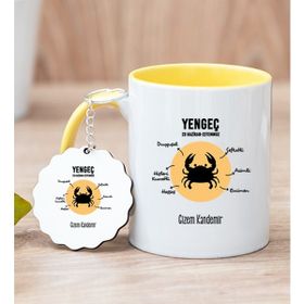 Hediye Dükkanı Kişiye Özel Yengeç Burcuna Hediye Sarı Kupa Bardak ve Anahtarlık