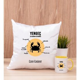 Hediye Dükkanı Kişiye Özel Yengeç Burcuna Hediye Sarı Kupa Bardak ve Kare Yastık