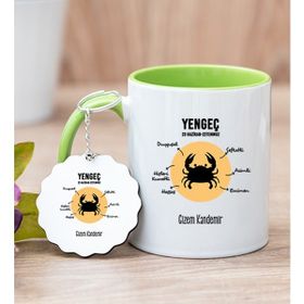 Hediye Dükkanı Kişiye Özel Yengeç Burcuna Hediye Yeşil Kupa Bardak ve Anahtarlık