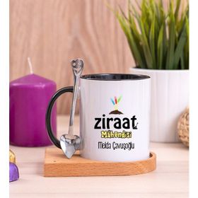 Hediye Dükkanı Kişiye Özel Ziraat Mühendisi Ahşap Altlıklı Kaşıklı Siyah Kupa Bardak