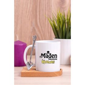 Hediye Dükkanı Maden Teknolojisi Öğretmeni Ahşap Altlıklı Kaşıklı Beyaz Kupa Bardak