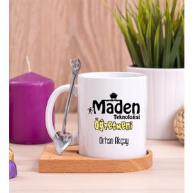 Hediye Dükkanı Maden Teknolojisi Öğretmeni Ahşap Altlıklı Kaşıklı Beyaz Kupa Bardak