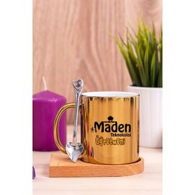 Hediye Dükkanı Maden Teknolojisi Öğretmeni Ahşap Altlıklı Kaşıklı Gold Kupa Bardak