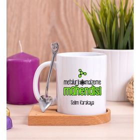 Hediye Dükkanı Metalurji ve Malzeme Mühendisi Ahşap Altlıklı Kaşıklı Beyaz Kupa Bardak