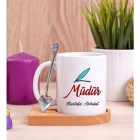 Hediye Dükkanı Müdür Ahşap Altlıklı Kaşıklı Beyaz Kupa Bardak