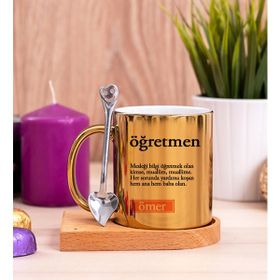 Hediye Dükkanı Öğretmen Kelime Anlamı Ahşap Altlıklı Kaşıklı Gold Kupa Bardak