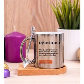 Hediye Dükkanı Öğretmen Kelime Anlamı Ahşap Altlıklı Kaşıklı Silver Kupa Bardak