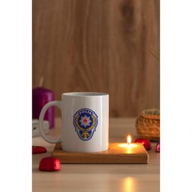 Hediye Dükkanı Polis Logolu Ahşap Altlıklı Mumlu Beyaz Kupa Bardak