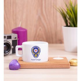 Hediye Dükkanı Polis Logolu Ahşap Altlıklı Mumlu Fincan
