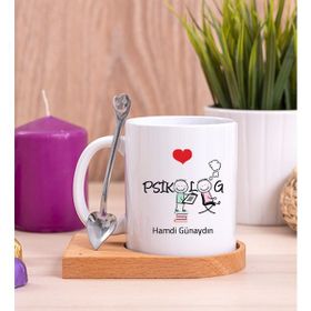 Hediye Dükkanı Psikolog Ahşap Altlıklı Kaşıklı Beyaz Kupa Bardak