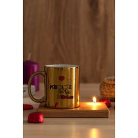 Hediye Dükkanı Psikoloji Öğretmeni Ahşap Altlıklı Mumlu Gold Kupa Bardak