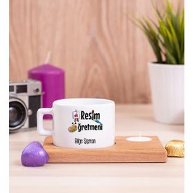 Hediye Dükkanı Resim Öğretmeni Ahşap Altlıklı Mumlu Fincan