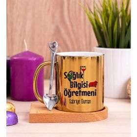 Hediye Dükkanı Sağlık Bilgisi Öğretmeni Ahşap Altlıklı Kaşıklı Gold Kupa Bardak