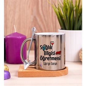 Hediye Dükkanı Sağlık Bilgisi Öğretmeni Ahşap Altlıklı Kaşıklı Silver Kupa Bardak