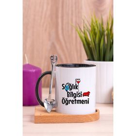 Hediye Dükkanı Sağlık Bilgisi Öğretmeni Ahşap Altlıklı Kaşıklı Siyah Kupa Bardak