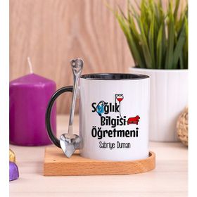 Hediye Dükkanı Sağlık Bilgisi Öğretmeni Ahşap Altlıklı Kaşıklı Siyah Kupa Bardak