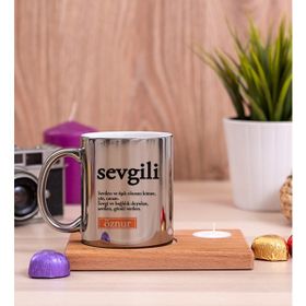 Hediye Dükkanı Sevgili Kelime Anlamı Ahşap Altlıklı Mumlu Silver Kupa Bardak