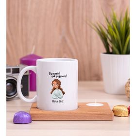 Hediye Dükkanı Siz Sanki Çok Şeysiniz Ahşap Altlıklı Mumlu Beyaz Kupa Bardak