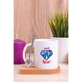 Hediye Dükkanı Super Dad Babaya Hediye Ahşap Altlıklı Kaşıklı Beyaz Kupa Bardak