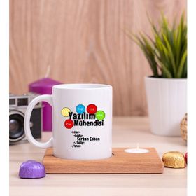 Hediye Dükkanı Yazılım Mühendisi Ahşap Altlıklı Mumlu Beyaz Kupa Bardak