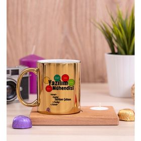 Hediye Dükkanı Yazılım Mühendisi Ahşap Altlıklı Mumlu Gold Kupa Bardak