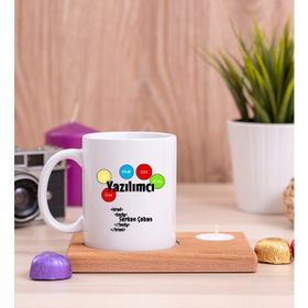 Hediye Dükkanı Yazılımcı Ahşap Altlıklı Mumlu Beyaz Kupa Bardak