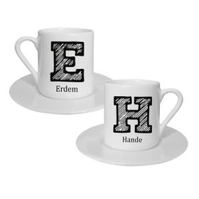Hediye Rengi İsme Özel 2'li Fincan Çizgili Harf Hediye Seti