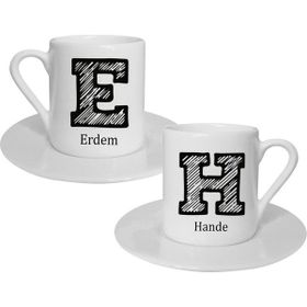 Hediye Rengi İsme Özel 2'li Fincan Çizgili Harf Hediye Seti