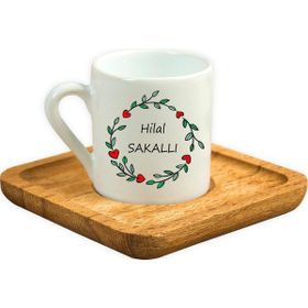 Hediye Rengi İsme Özel Ahşap Tepsili Kırmızı Kalpli Çerçeveli Kahve Fincanı