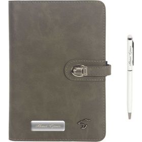 Hediye Rengi İsme Özel Deri Kapaklı Organizerli Gri Kalem ve Defter Seti