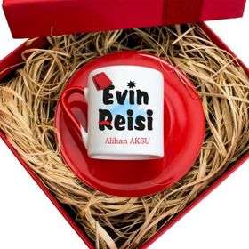 Hediye Rengi İsme Özel Hediyelik Tasarım Kutulu Evin Reisi Türk Kahvesi Fincanı Seti