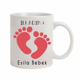 Hediye Rengi İsme Özel Hoşgeldin Bebeğim Temalı İlk Adım Pembe Kupa Bardak