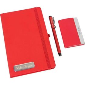 Hediye Rengi İsme Özel Kırmızı Defter Kartvizitlik ve Kalem Özel Tasarım Kutulu​ Hediye Seti