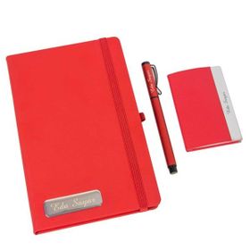 Hediye Rengi İsme Özel Kırmızı Defter Kartvizitlik ve Kalem Özel Tasarım Kutulu​ Hediye Seti