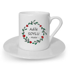Hediye Rengi İsme Özel Kırmızı Kapli Çerçeveli Kahve Fincanı