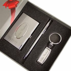 Hediye Rengi İsme Özel Lüx Kartvizitlik Anahtarlık ve Kalem Silver Hediye Seti