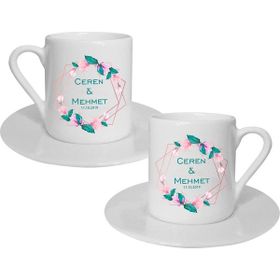 Hediye Rengi İsme Özel Pembe Çerçeveli 2'li Fincan Hediye Seti