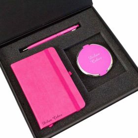 Hediye Rengi Kişiye Özel Pembe Defter Ayna ve Kalem Tasarım Kutulu Hediye Seti
