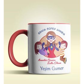 Hediye Zengini Kişiye Özel Benim Süper Annem 2 Temalı Kırmızı Kupa Bardak