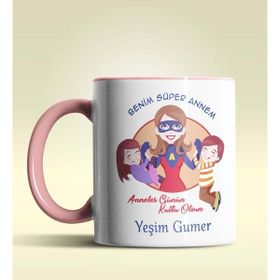Hediye Zengini Kişiye Özel Benim Süper Annem 2 Temalı Pembe Kupa Bardak