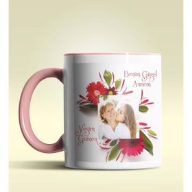 Hediye Zengini Kişiye Özel Çiçek Çerçeveli Fotoğraf 2 Temalı Pembe Kupa Bardak