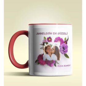 Hediye Zengini Kişiye Özel Çiçek Çerçeveli Fotoğraf Temalı Kırmızı Kupa Bardak