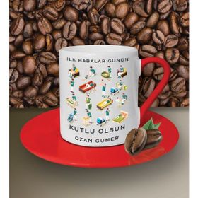 Hediye Zengini Kişiye Özel İlk Babalar Günü Temalı Kırmızı Kahve Fincanı
