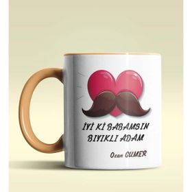 Hediye Zengini Kişiye Özel Iyiki Babamsın Bıyıklı Adam Tema Turuncu Kupa Bardak