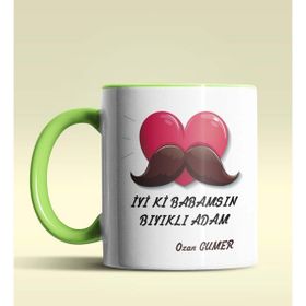 Hediye Zengini Kişiye Özel Iyiki Babamsın Bıyıklı Adam Tema Yeşil Kupa Bardak