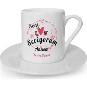 Hediye Zengini Kişiye Özel Seni Çok Seviyorum Annem Tasarımlı Beyaz Kahve Fincanı