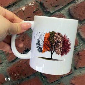 Hediyeci Abla Size Özel 4 Mevsim Ağaçlı Seramik Baskılı Beyaz Kupa Bardak