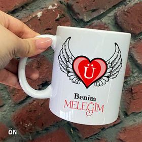 Hediyeci Abla Size Özel Benim Meleğim Kanatlı Kalp Ü Harfli Seramik Baskılı Beyaz Kupa Bardak