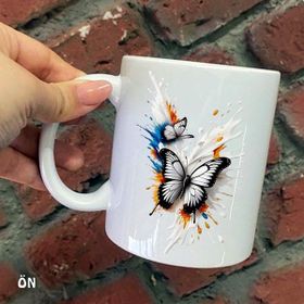 Hediyeci Abla Size Özel Renkli Boyalı Beyaz Kelebekli Seramik Baskılı Beyaz Kupa Bardak