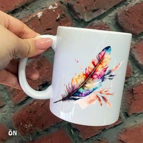 Hediyeci Abla Size Özel Renkli Kuş Tüyü Seramik Baskılı Beyaz Kupa Bardak